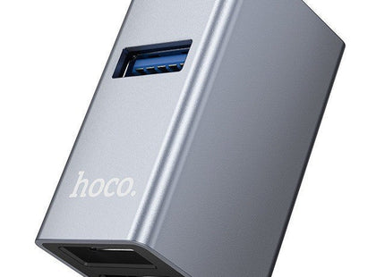 Γκρι Hoco HB54A hub USB-C με μία μπλε θύρα USB 3.0 και δύο θύρες USB 2.0.