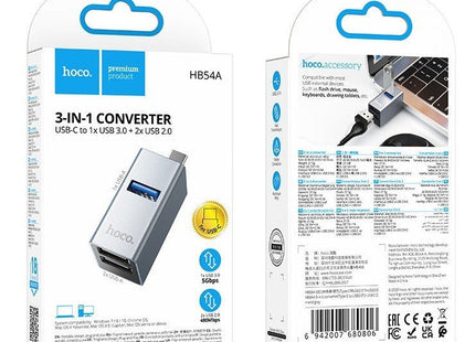 Μπροστινή και πίσω όψη συσκευασίας Hoco HB54A 3-in-1 Converter με τεχνικά στοιχεία.