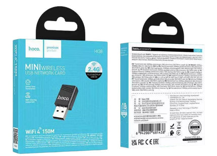 Μπροστινή και πίσω όψη της συσκευασίας Hoco HI38 Mini Wireless USB Network Card.