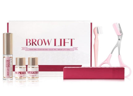 ICONSIGN Brow Lift σετ με Perm Fixation Glue και δύο ροζ εργαλεία φρυδιών μπροστά από κουτί