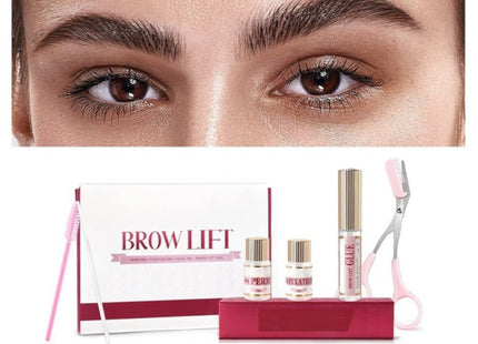 Σετ ICONSIGN Brow Lift με τρία δοχεία εργαλεία περιποίησης και παράδειγμα διαμορφωμένων φρυδιών