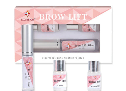 Τρία προϊόντα ICONSIGN Brow Lift με ετικέτες Glue Perm και Fixation μπροστά από τη συσκευασία