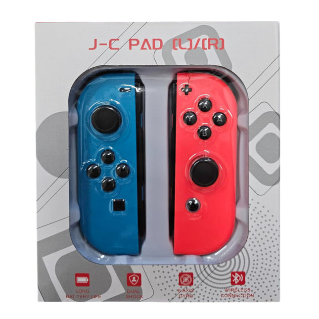 Σετ J-C Pad για Switch με αριστερό μπλε και δεξί κόκκινο ασύρματο χειριστήριο στη συσκευασία