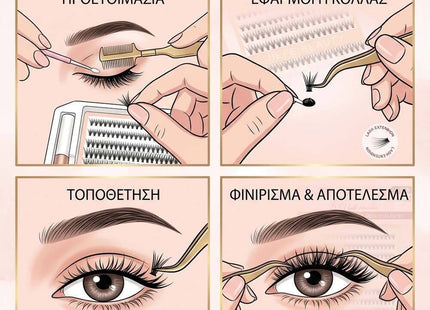 Εικονογραφημένος οδηγός στα ελληνικά για προετοιμασία, εφαρμογή κόλλας, τοποθέτηση και φινίρισμα των βλεφαρίδων.