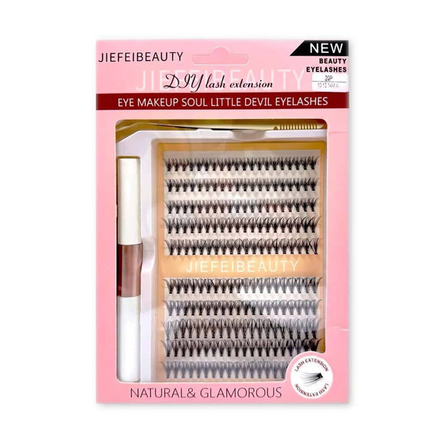 Ροζ συσκευασία Jiefe Ibeauty Little Devil με μαύρα τουφάκια βλεφαρίδων, κόλλα και εργαλείο εφαρμογής.