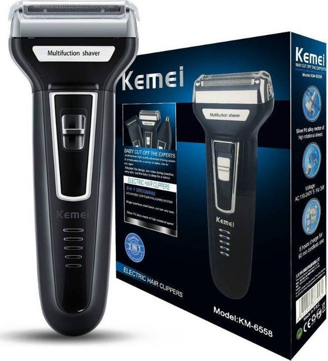 Kemei KM-6558 μαύρη επαναφορτιζόμενη ξυριστική μηχανή 3 σε 1 με συσκευασία