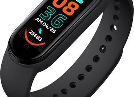Μαύρο M6 smart band σε πλάγια όψη με έγχρωμη οθόνη και διάτρητο λουράκι.