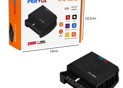 PerVoi CTC-126AB ενισχυτής αυτοκινήτου με συσκευασία διαστάσεων περίπου 14 επί 10,5 εκατοστά