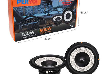 Ηχεία αυτοκινήτου Pervoi CTC-6567A 6,5 ιντσών με συσκευασία και διαστάσεις 37 x 18 cm