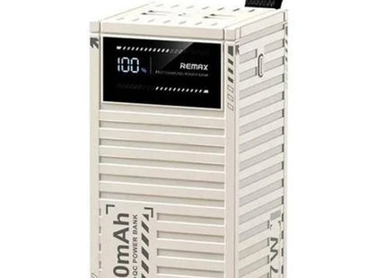 Λευκό power bank Remax RPP-161 50000mAh με ψηφιακή οθόνη ποσοστού και λουράκι μεταφοράς.