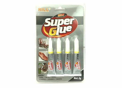 Συσκευασία Rill Super Glue με τέσσερα σωληνάρια και λευκά καπάκια.
