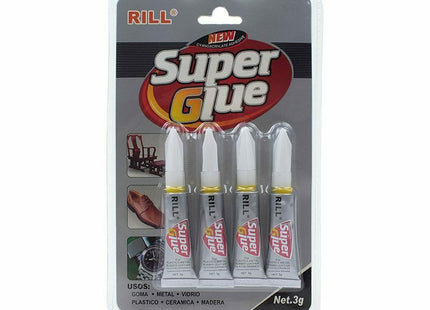 Μπροστινή όψη συσκευασίας Rill Super Glue με τέσσερα σωληνάρια και ένδειξη Net.3g.
