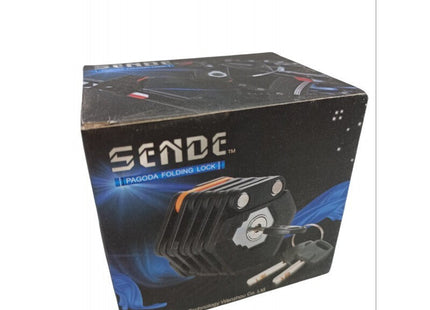 Συσκευασία SANDE Pagoda Folding Lock με απεικόνιση αναδιπλούμενης κλειδαριάς και κλειδιών.