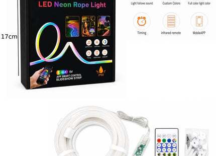 Συσκευασία RGB LED neon ταινίας 5 μέτρων με διαστάσεις περίπου 17 x 17 cm