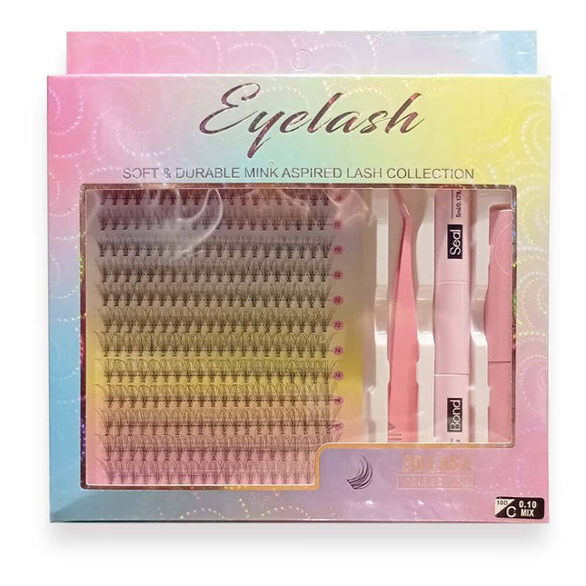 Πολύχρωμη συσκευασία Soft & Durable με μαύρα τουφάκια βλεφαρίδων, ροζ τσιμπιδάκι, Bond & Seal και remover.
