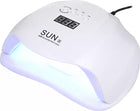 Λευκό φουρνάκι νυχιών SUN ONE UV X UV LED 54W με αναμμένες εσωτερικές λυχνίες, ψηφιακή οθόνη και πλήκτρα χρόνου.