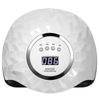 Λευκό φουρνάκι νυχιών Sun Y13 UV LED 248W με γεωμετρική επιφάνεια, ψηφιακή οθόνη και πλήκτρα 10, 30, 60 και 99 δευτερολέπτων.