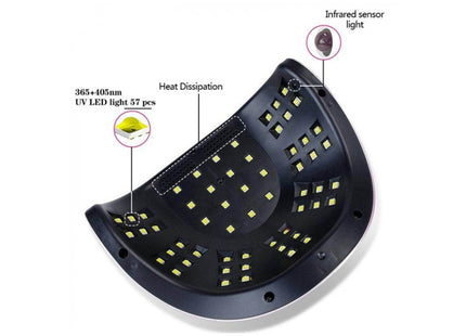 Εσωτερική όψη φούρνου νυχιών με 57 λυχνίες UV LED, αισθητήρα χεριού και άνοιγμα απαγωγής θερμότητας.
