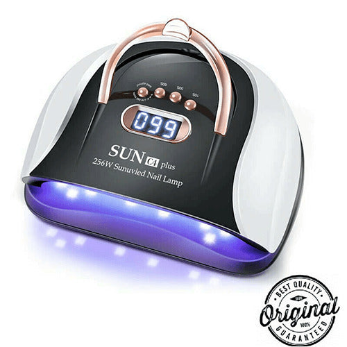 Λευκό και μαύρο φουρνάκι νυχιών SUN C4 Plus 256W με ψηφιακή οθόνη και φωτισμένο εσωτερικό.