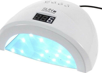 Λευκό φουρνάκι νυχιών SUNUV Sun 1S UV LED 48W με ψηφιακή οθόνη, πλήκτρα χρόνου και αναμμένες εσωτερικές λυχνίες.