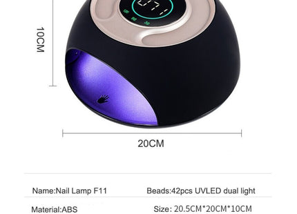 Διάγραμμα προδιαγραφών SUN F11 με 42 UV LED, διαστάσεις περίπου 20,5 επί 20 επί 10 cm και ισχύ 120W, σε ενδεικτικό μαύρο περίβλημα.