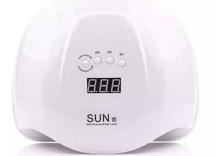 Επάνω όψη του λευκού φούρνου νυχιών SUN X με ψηφιακή οθόνη και πλήκτρα 10s, 30s, 60s και χαμηλής θερμότητας.