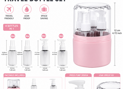 Διαστάσεις και περιεχόμενα σετ μπουκαλιών ταξιδίου 4 σε 1, 4 x 50ml