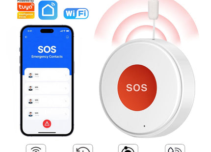 Κουμπί έκτακτης ανάγκης Wi-Fi δίπλα σε οθόνη εφαρμογής με επαφές SOS και λογότυπο Tuya.