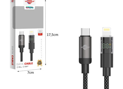 Καλώδιο Wisdomup SJX-47CL USB-C σε Lightning με ένδειξη LED και συσκευασία διαστάσεων 17,5 επί 7 cm.