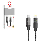 Μαύρο πλεκτό καλώδιο Wisdomup SJX-47CL με βύσματα USB-C και Lightning, ψηφιακή ένδειξη LED και συσκευασία.