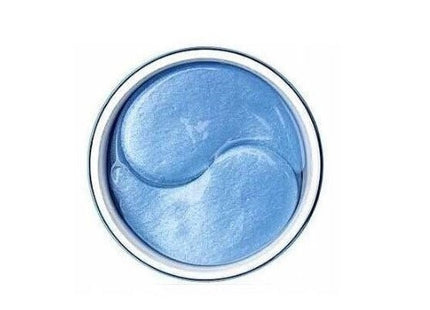 Επάνω όψη μπλε καμπύλων hydrogel επιθεμάτων ματιών μέσα σε στρογγυλό δοχείο.