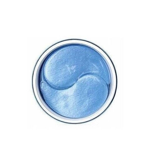 Επάνω όψη μπλε καμπύλων hydrogel επιθεμάτων ματιών μέσα σε στρογγυλό δοχείο.